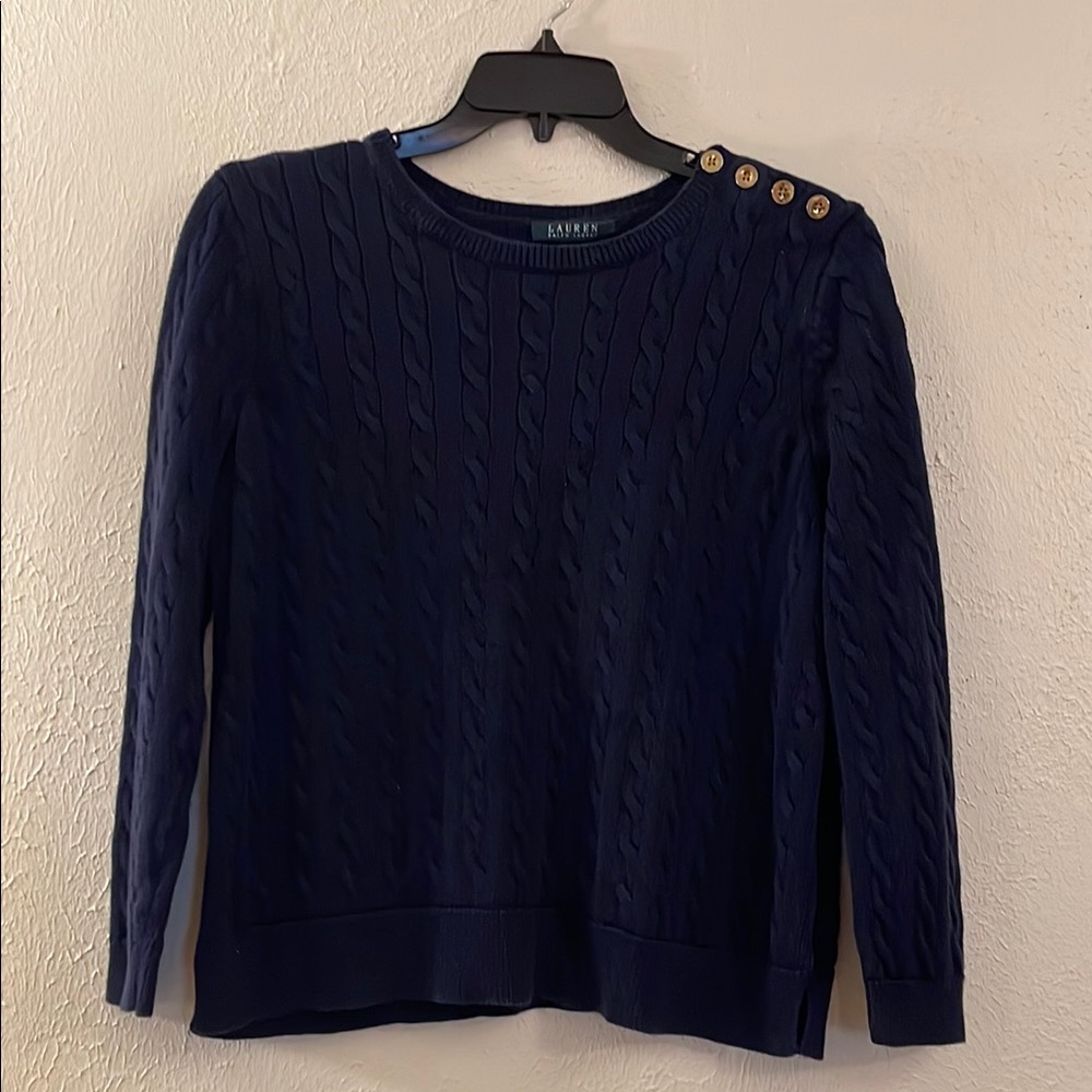 LRL Navy Cable Knit Nautical Yacht Fisherman Coastal Chic Gold Button Sweater